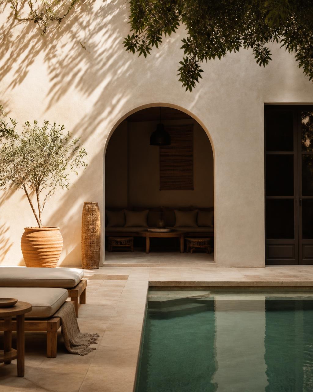 Patio de un hotel boutique con muros de cal y alberca al atardecer