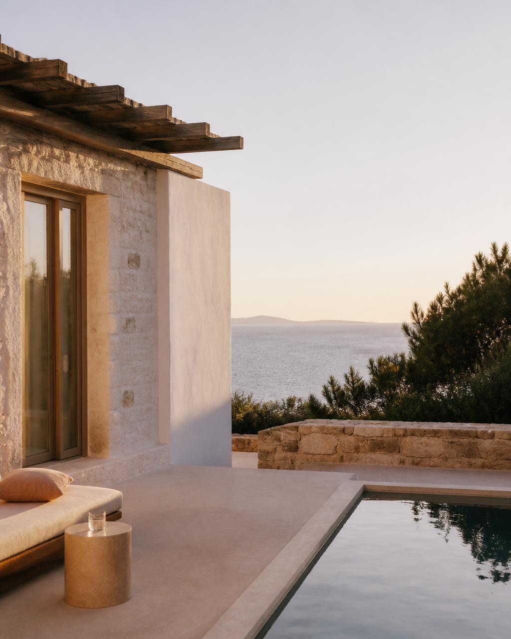 Terraza de una casa vacacional de piedra con vista al mar