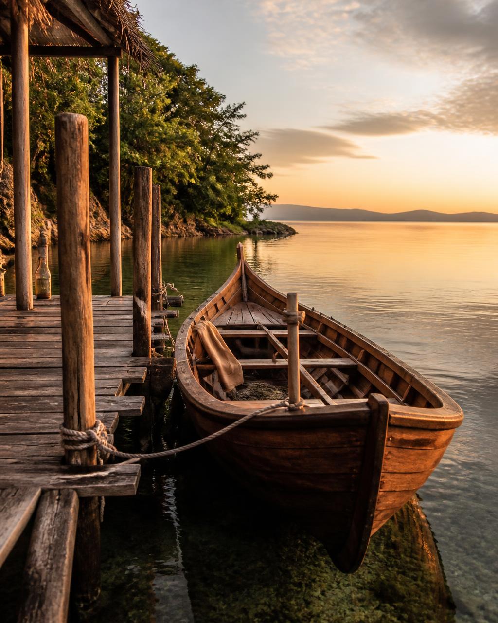 Lancha de madera amarrada a un muelle en una laguna al atardecer