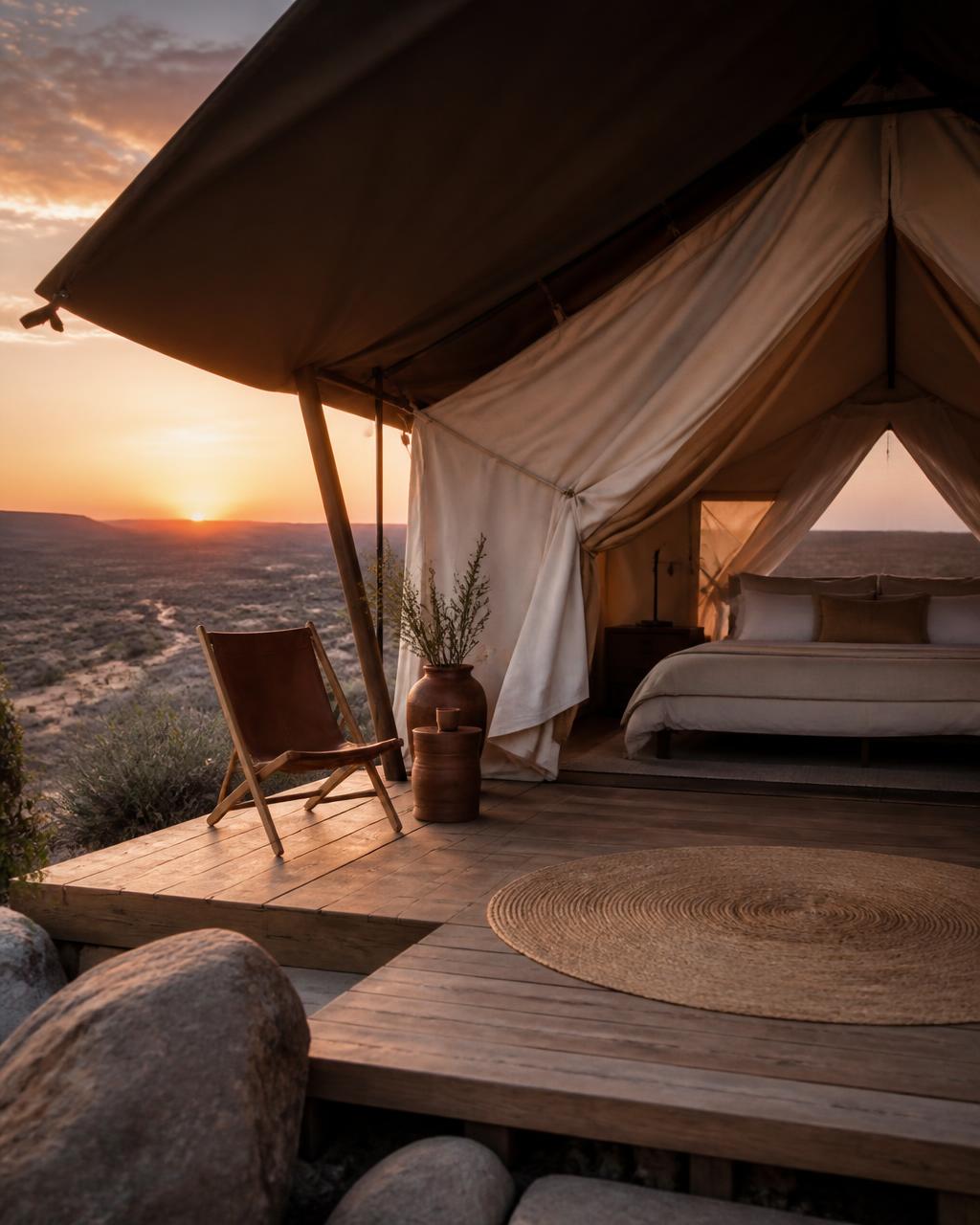 Tienda de glamping sobre deck de madera al atardecer