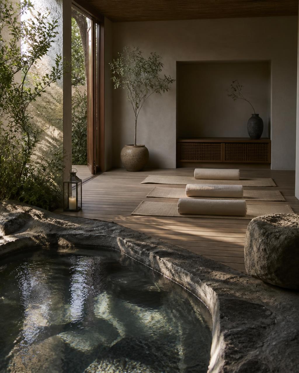Espacio de retiro wellness con piscina de piedra y deck de madera