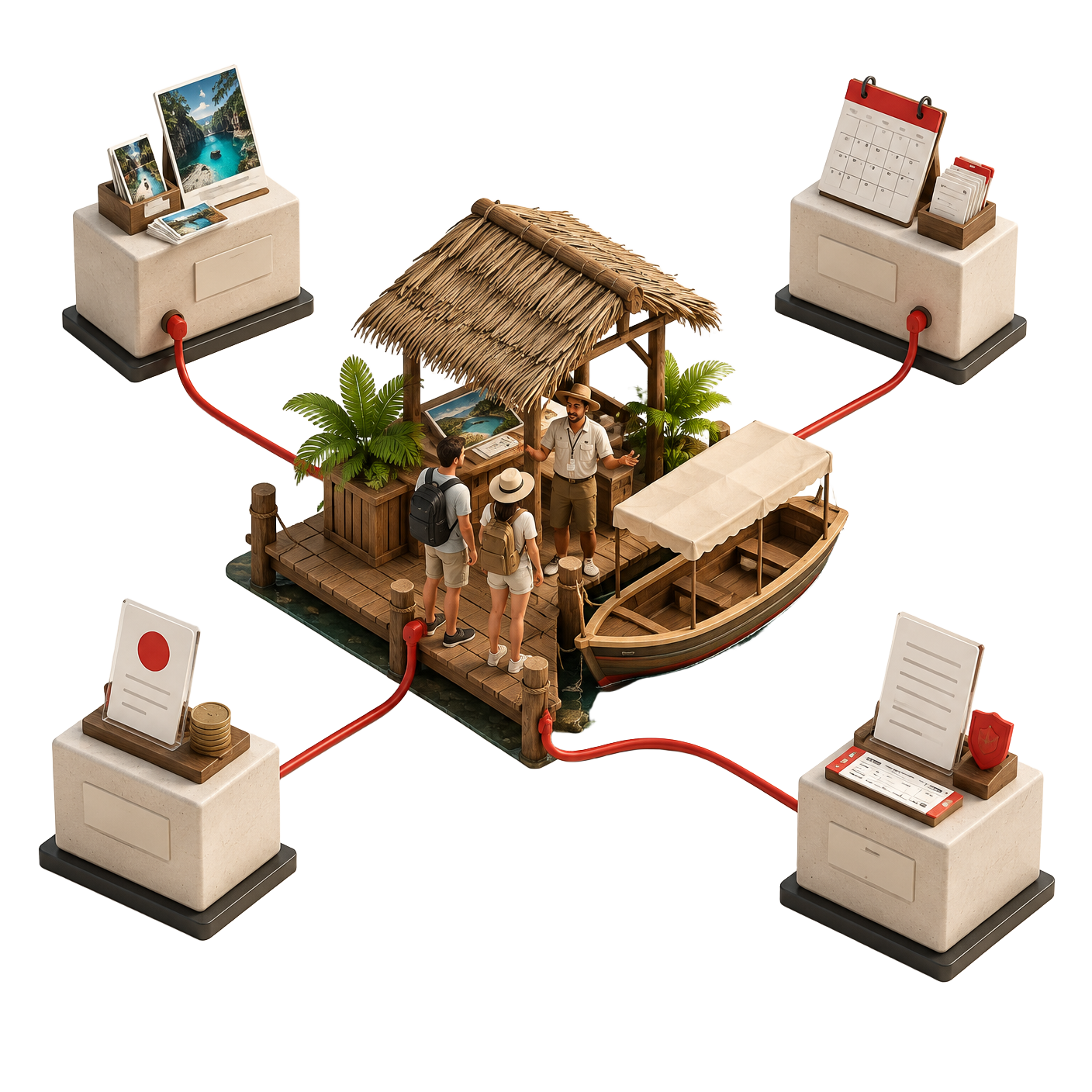 Miniatura 3D de una experiencia turística conectada a distintos puntos de distribución