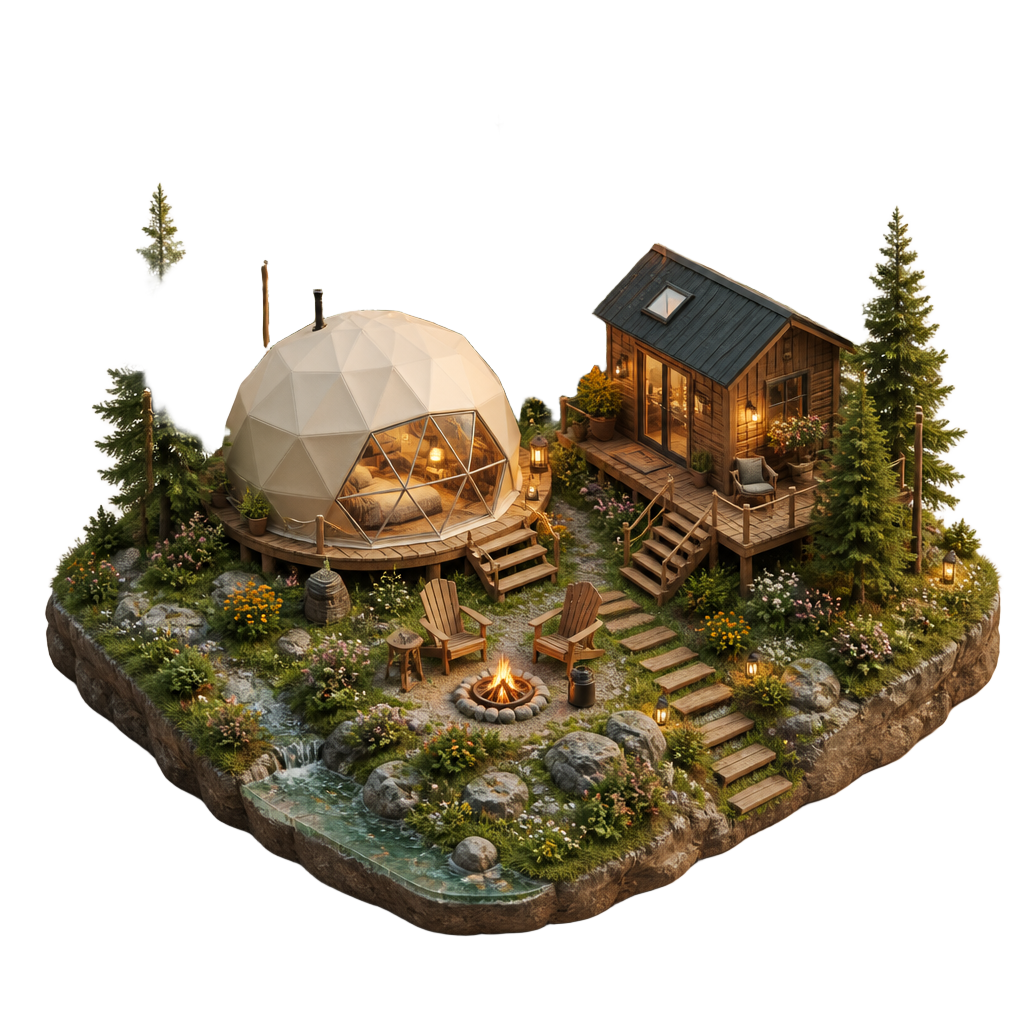 Miniatura 3D de un glamping con domo, cabaña y fogata