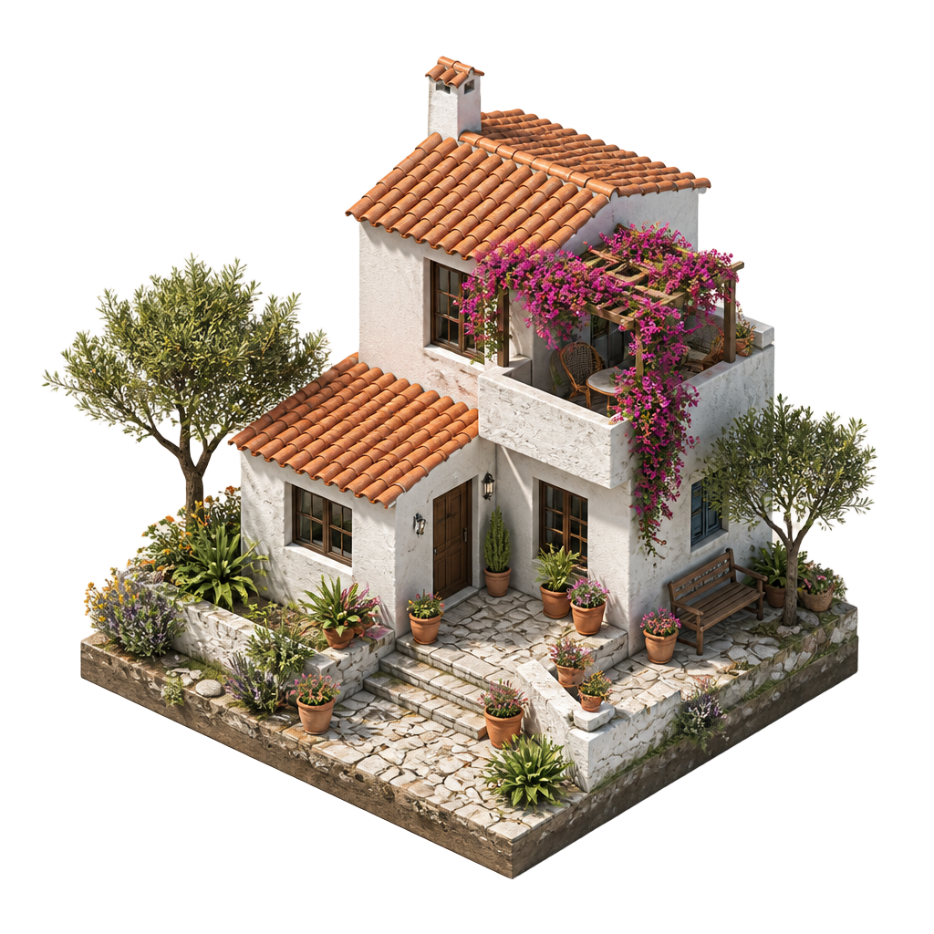 Miniatura 3D de una casa de vacaciones con terraza y buganvilias