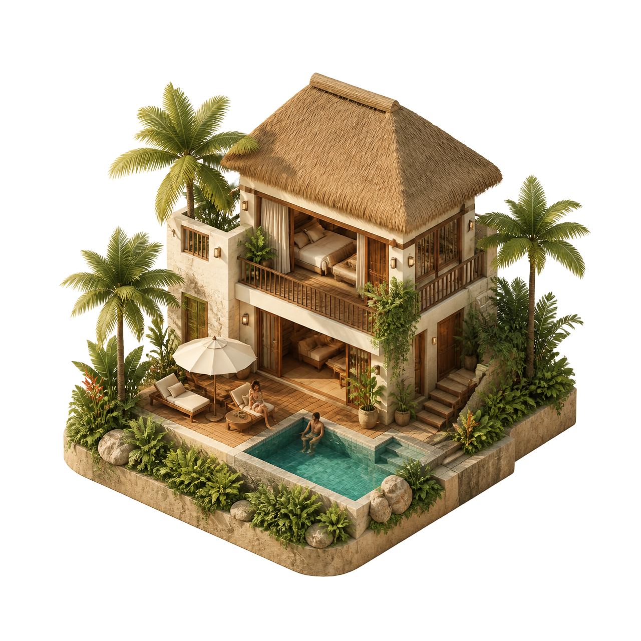Miniatura 3D de una villa boutique con alberca y palmeras