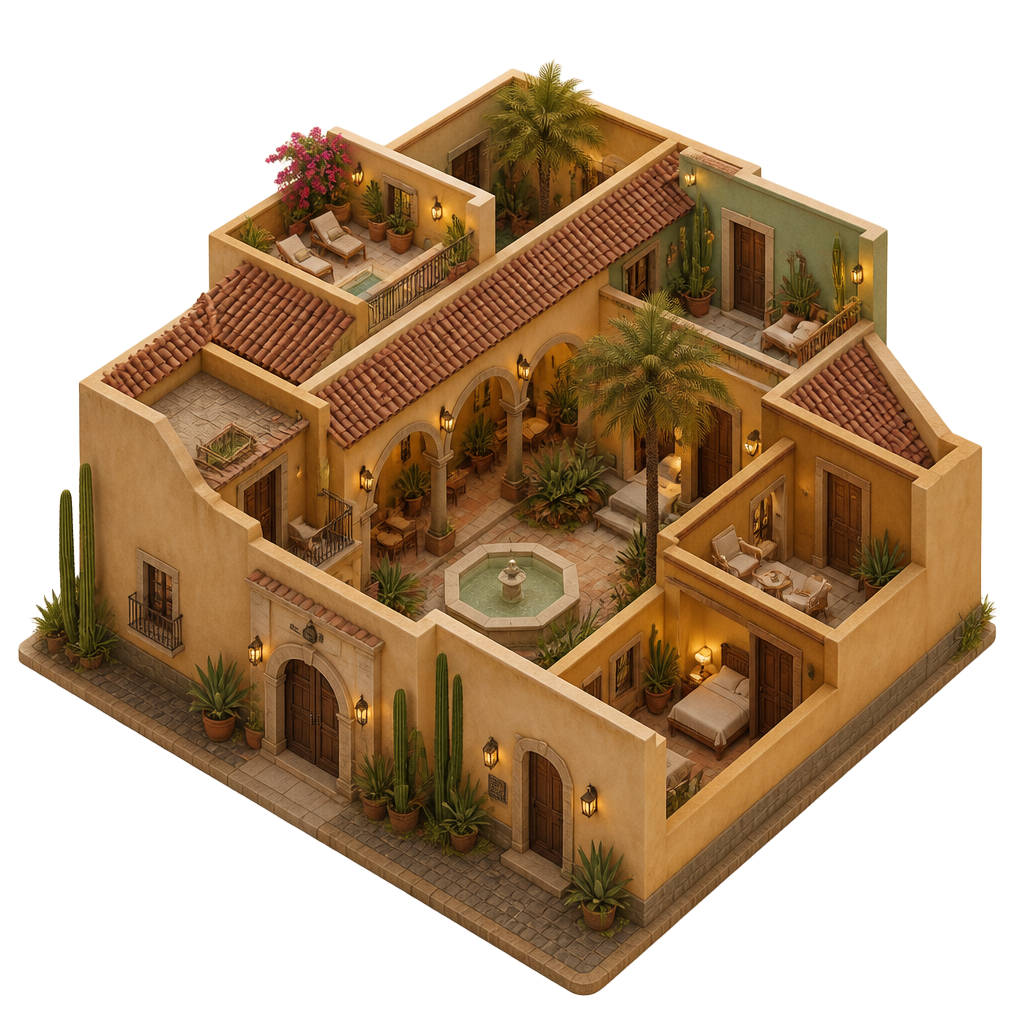 Miniatura 3D de un hotel pequeño estilo Oaxaca con patio central